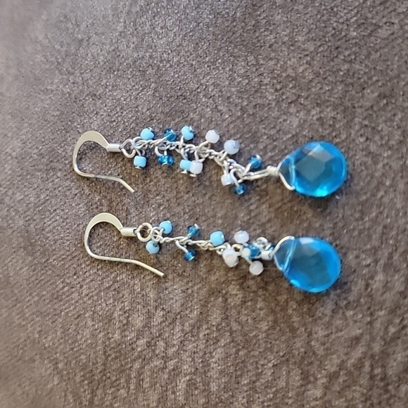 HANDMADE Sterling Silver Icy Blue Teardrop Mermaidcore Dangle Drop Earrings - Picture 2 of 4